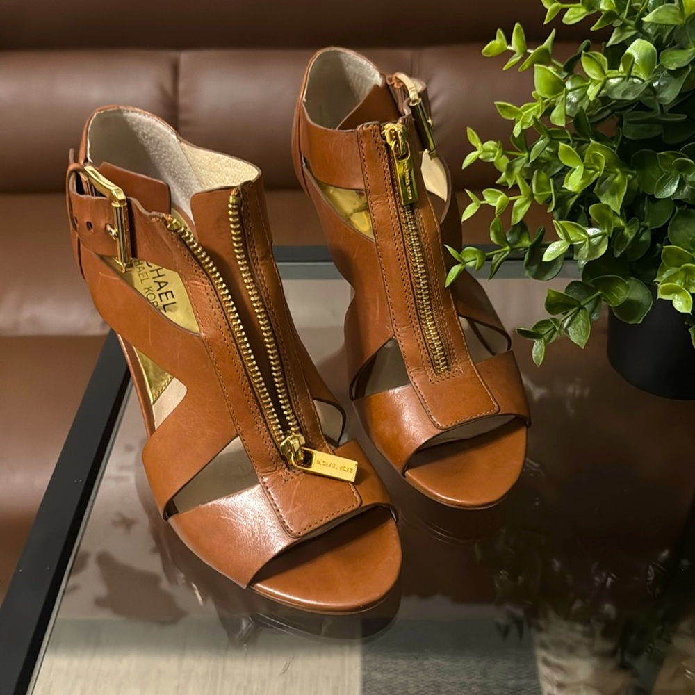 Michael Kors Womens Sandals Pumps Heels Tan Leather Zip Casual
